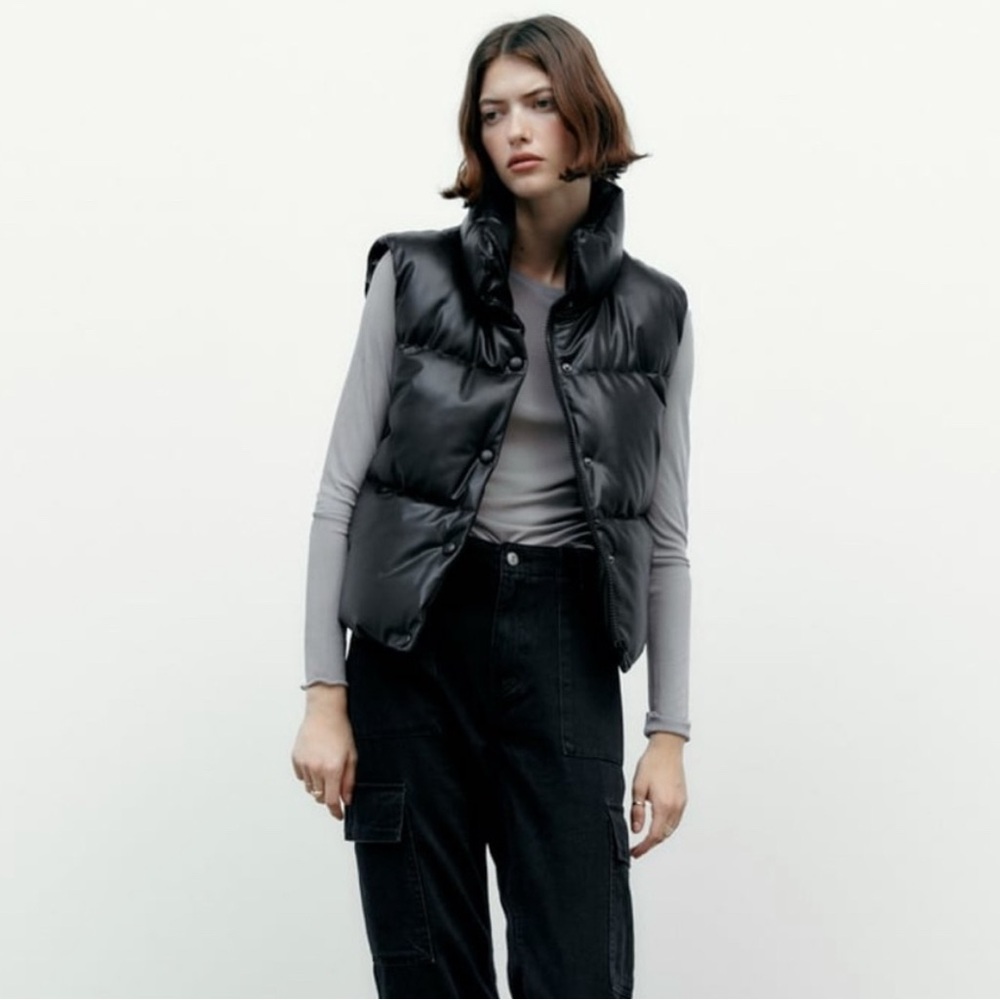 NWOT ZARA Women's Faux Leather Black Puffer Vest